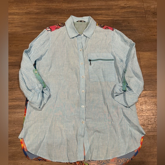 John Mark Tropical Blue Stripe Button Down sz M EUC - Picture 2 of 4